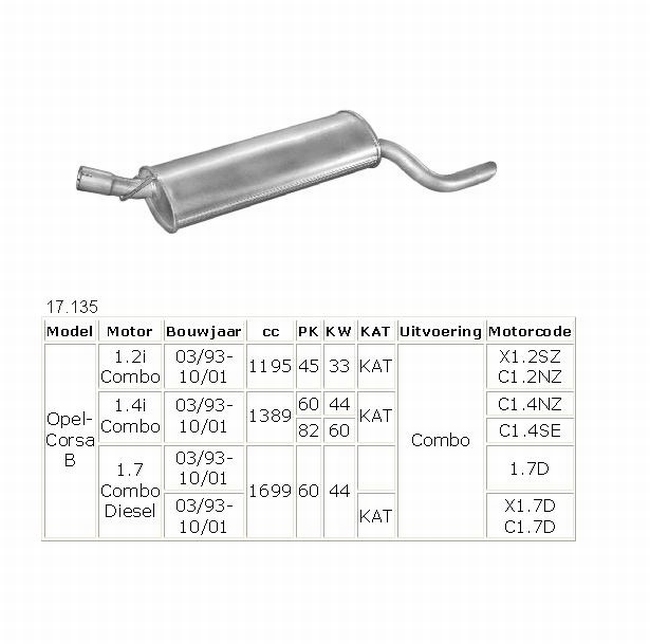 17.135 Einddemper Opel Combo B 1.2, 1.4 en  1.7D