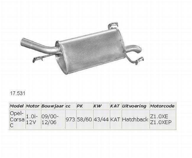 17.531 Einddemper Opel Corsa C 1.0 12V