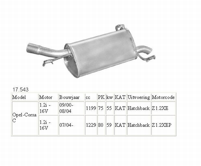 17.543 Einddemper Opel Corsa C 1.2 16V