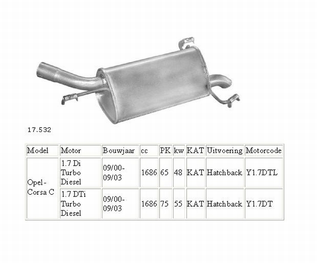 17.532 Einddemper Opel Corsa C 1.7 Di en 1.7 DTi