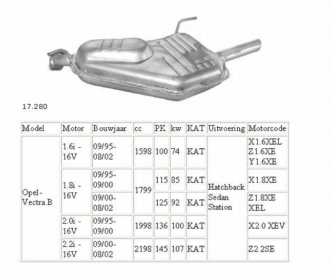 17.280 Einddemper Opel Vectra B 1.6 16V