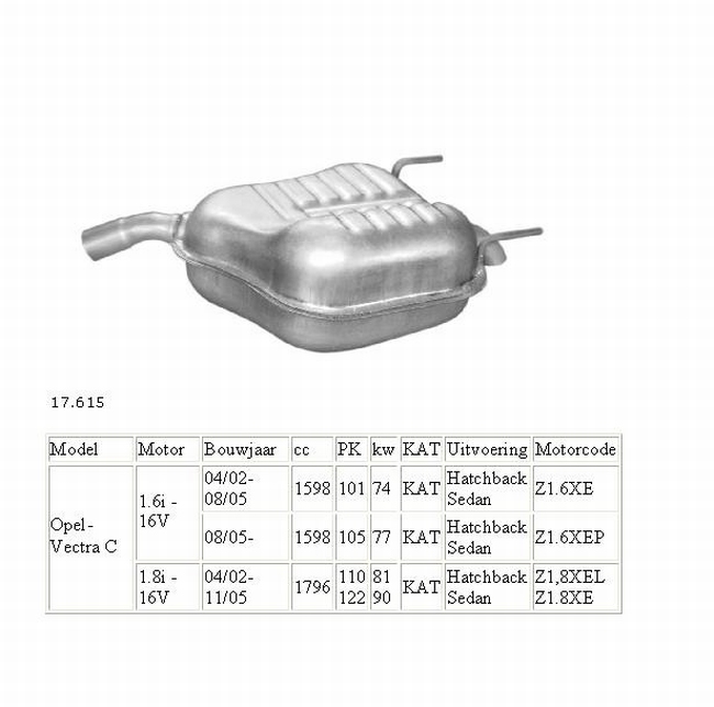 17.615 Einddemper Opel Vectra C 1.6 16V en 1.8 16V