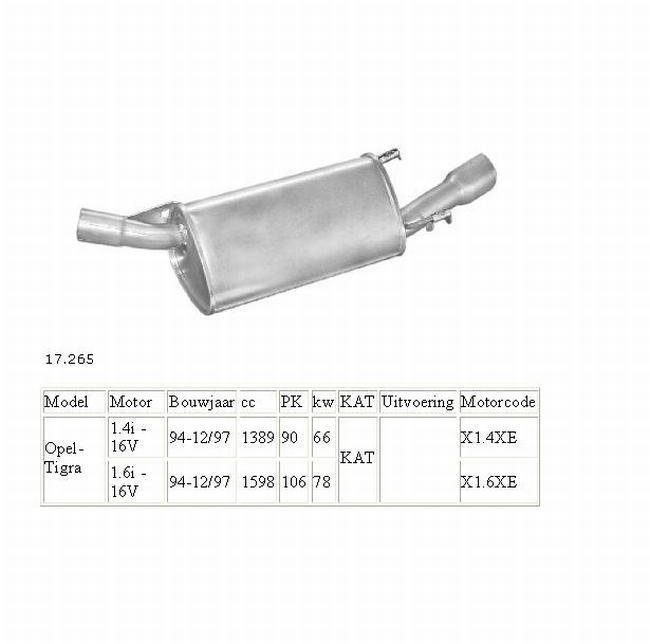 17.265 Einddemper Opel Tigra 1.4 16V en 1.6 16V