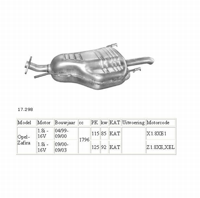 17.298 Einddemper Opel Zafira 1.6 , 1.8 , 2.2 . 2.0D en 2.2D